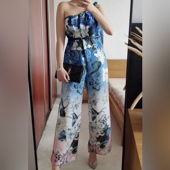 Zara Pants - Zara Blue & White Floral One-Shoulder Wide-Leg Jumpsuit